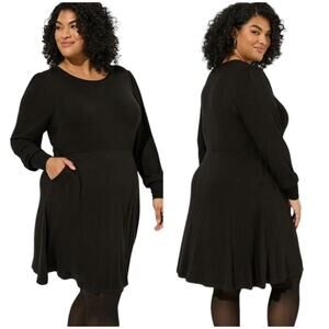 Torrid NWT Mini Super Soft Long Puff Sleeve Skater Dress Black Pockets Size 1X